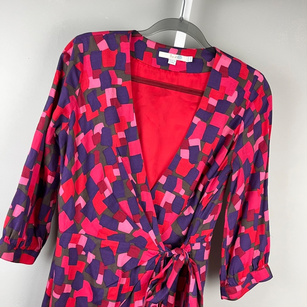Boden Wrap Dress Womens 8R Silk Blend Pink Red Purple Geometric Print Artsy